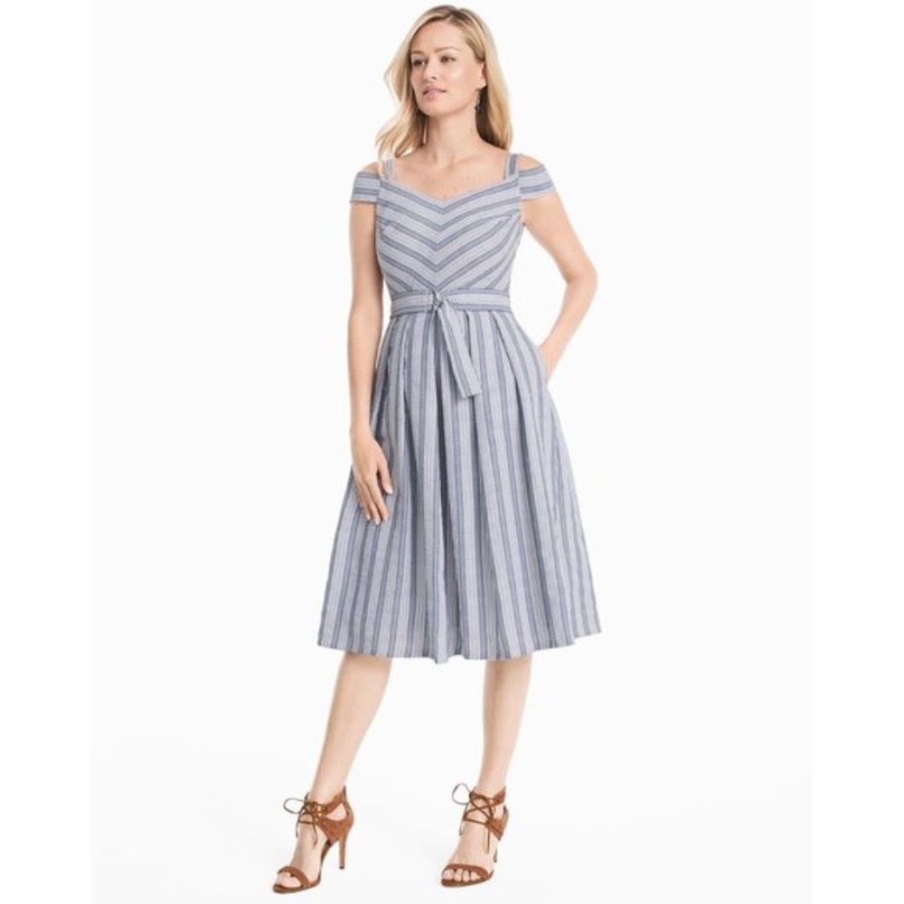 WHBM • Blue White Stripe Seersucker Cold Shoulder